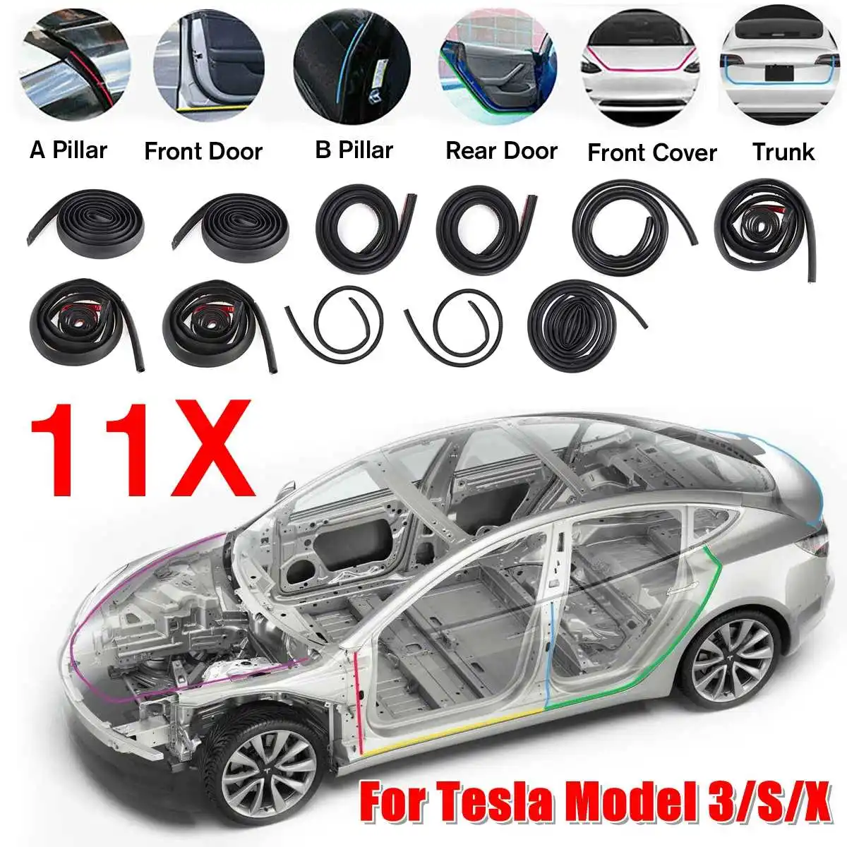 11 шт. автомобильный шумоизоляционный комплект для уплотнения дверей, звукоизоляционная обшивка, Формовочная резиновая уплотнительная прокладка для Tesla Model 3/S/X