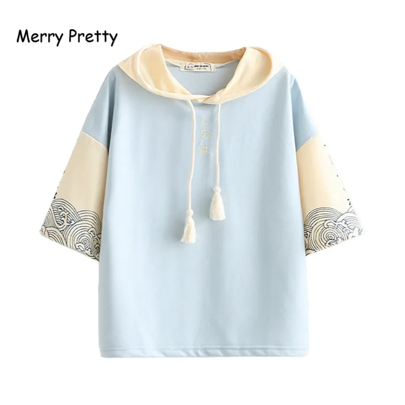 

Merry Pretty Women Letter Embroidery Hooded Sweatshirts 2019 New Short Sleeve Drawstring Hoodies Femme Harajuku Style Pullover