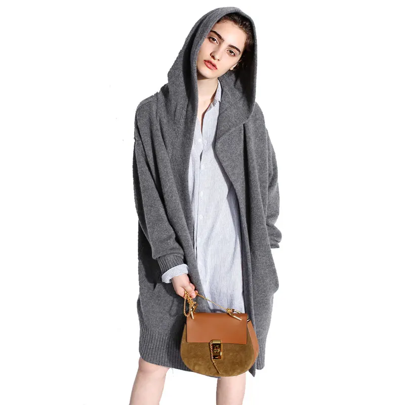 

2020 Autumn Winter Women's Cashmere Knitted Cardigans Thickened Hooded Knitting Jacket Coats V Neck Plus Size Sweater Overcoats