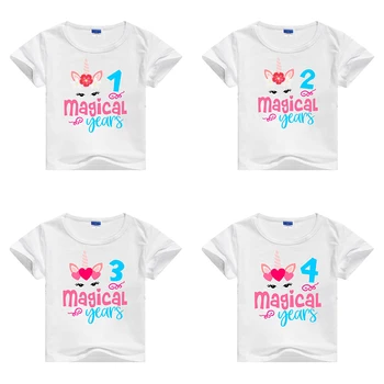 

Unicorn Magical Years Short Sleeve T-shirt Kids Number Happy Birthday Paint Print Boy T Shirt Cute Girl Tshirt Girls Tops Unisex