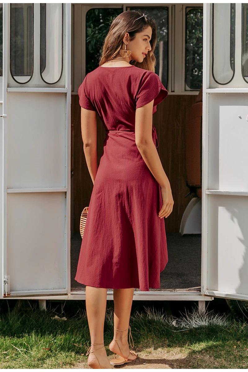 Simplee Sexy v neck women wrap dress Casual solid button female summer dress Elegant ladies cotton spring a line work midi dress