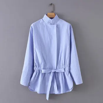 

2020 Spring Summer Women Blue Striped Blouse Long Sleeve Stand Collar Loose Lace Up Bow Shirts and Blouses Female Camisas Blusas