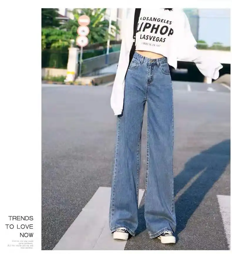 Джинсы для Для женщин Harajuku джинсовые широкий светодиодный брюки Высокая талия женские свободные синие джинсовые штаны в Корейском стиле, подходит ко всему, по всей длине голенище в уличном стиле