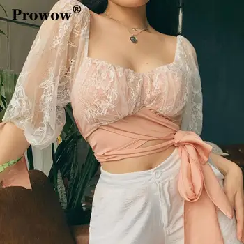 

Lantern Sleeve Guipure Lace Blouse Women Summer Square Neck Sexy Hollow Out Tie Up Patchwork Elegant Slim Short Casual Shirt Top