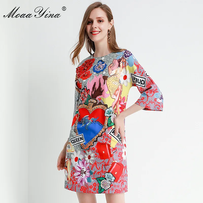 

MoaaYina Fashion Designer dress Spring Summer Women's Dress Half sleeve Crystal Beading Floral-Print Dresses