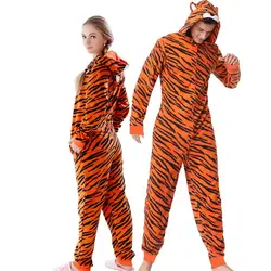 Унисекс для взрослых флисовая Пижама с тигром для женщин стежка Onesie костюмы с животными Комбинезоны для пары пижамы комбинезон