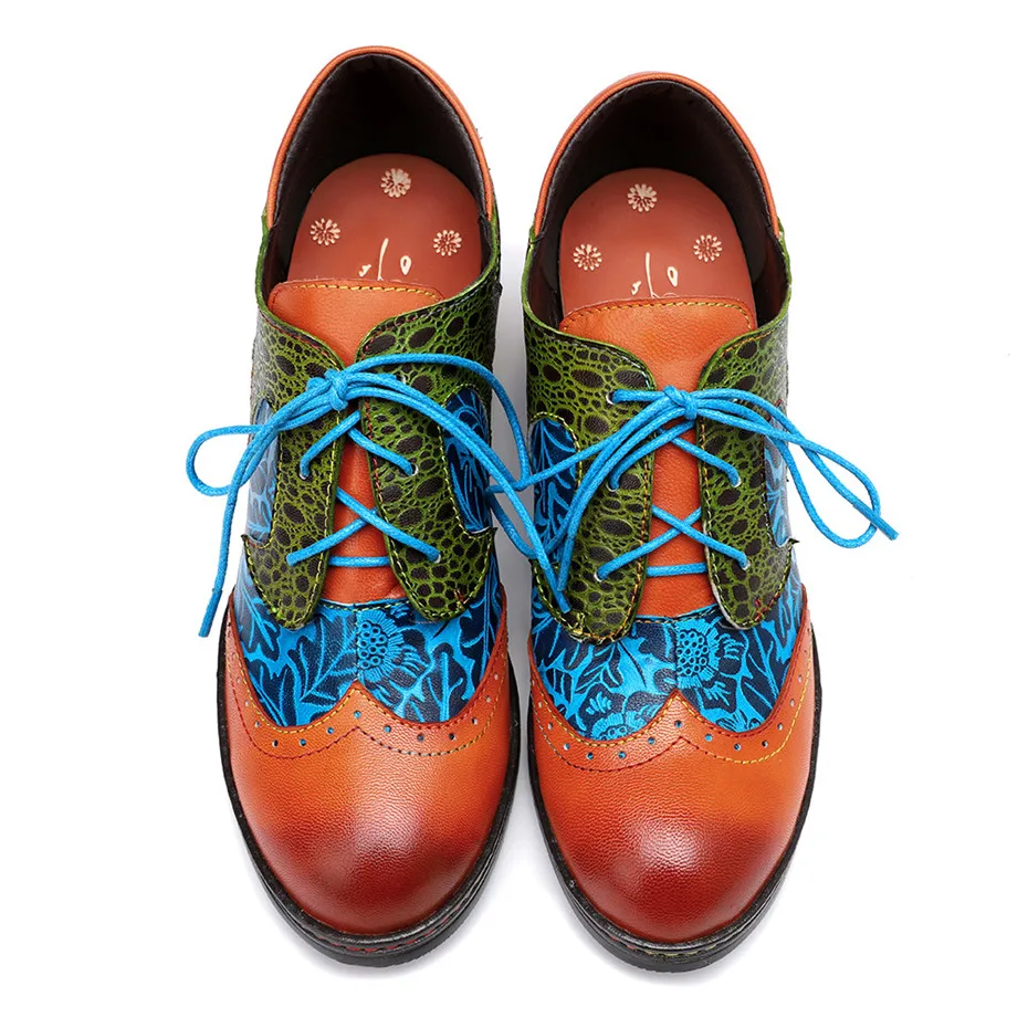 Vintage Handmade Print Stitching Women Pumps Oxfords Shoes Ethnic Style Genuine Leather Chunky High Heels Women‘s’ Shoes Brogues (1)