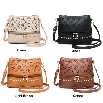 

Fashion Women Hollow Shell Shoulder Crossbody Bag PU Leather Retro Rivet Zipper Travel Messenger Bags