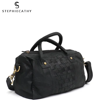 

SC Medium Real Leather Boston Shape Vintage Top-Handle Bags Girls Woven Pattern Shoulder Handbags for Women Retro Cross body Bag