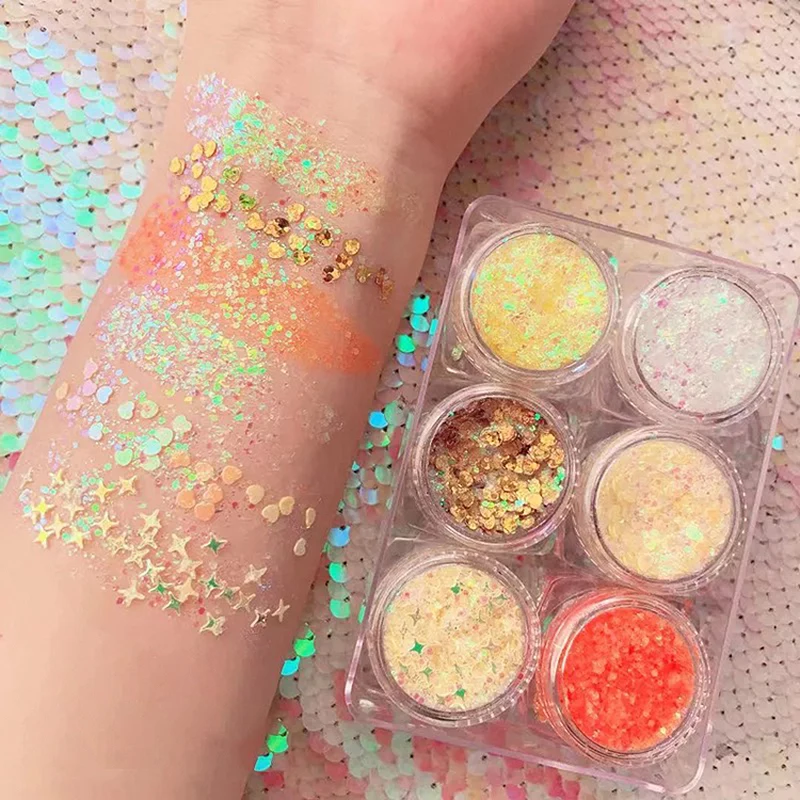 Glue Free Makeup Loose Diamond Glitter Festival Party Cosmetics Sequins Gel Eyeshadow for Eyes Face Body Hair 6 Colors/Pack