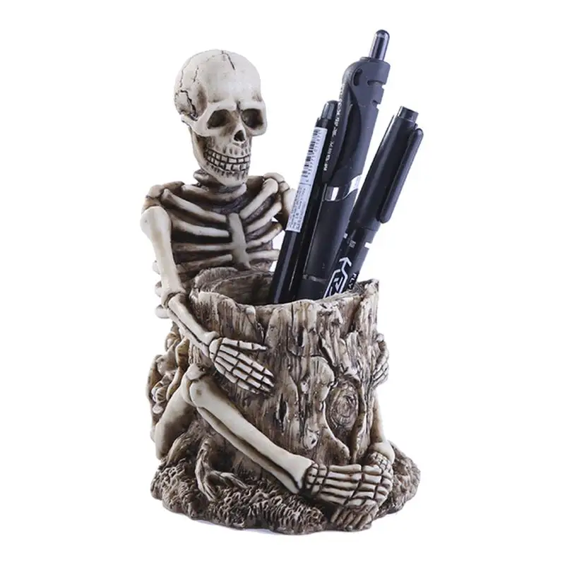  Black Skull Desktop Pen Holder Office School Storage Case Resin Desk Pen Pencil Organizer Makeup St