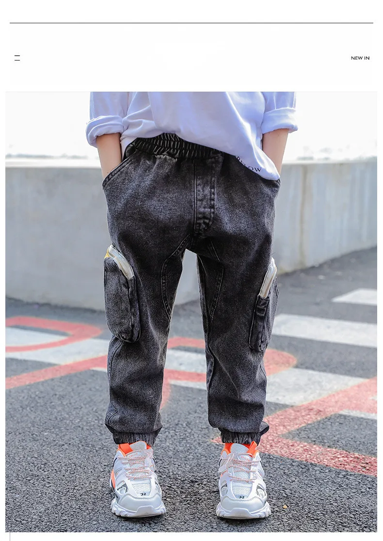Модные джинсы свободные джинсы с боковыми карманами для мальчиков штаны-карго в стиле хип-хоп для подростков Брюки-джоггеры для мальчиков
