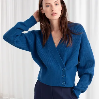

Plus Size High Quality Fall Winter 2019 New Fashion Sweater Women V-Neck Full Sleeve Blue Cardigans Tops Casual Knitting Sweater