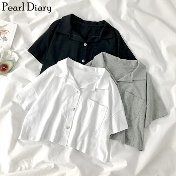 Pearl Diary Women Knit Cropped Polo Shirts Female Button Front Short Top Summer Streetwear Casual Polo Pocket Plus Size Shirt plus button up pocket front pinstripe cami dress
