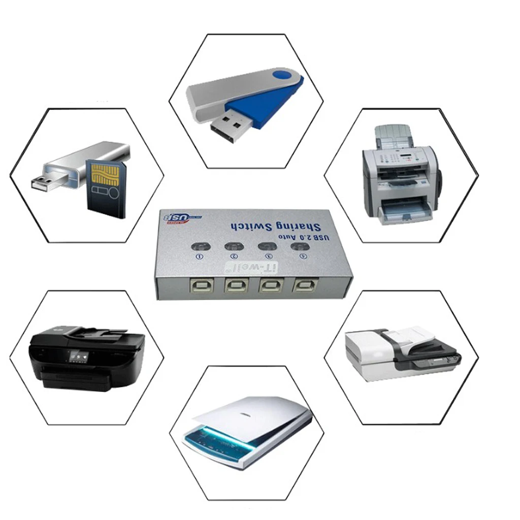 USB Auto Sharing Switch KVM Switcher Adapter Box 4 Computer Share 1 USB Device Hub for Printer Scanner