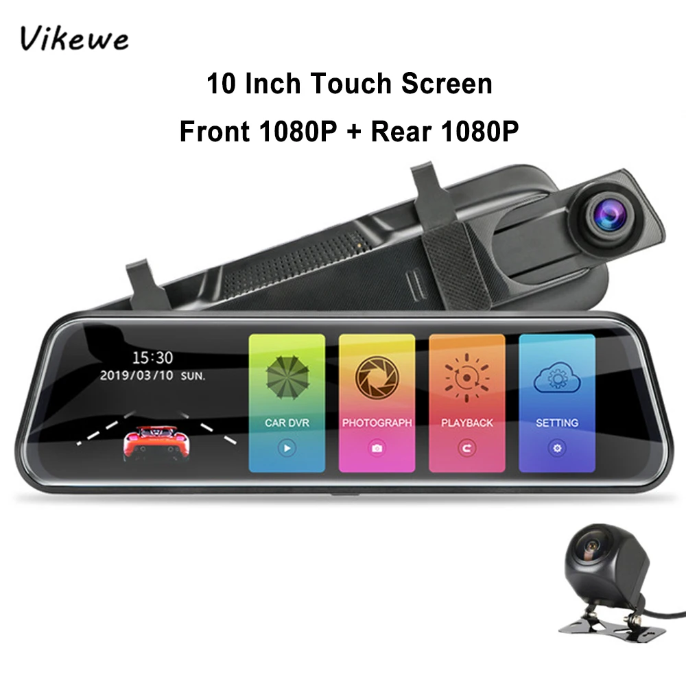 

Vikewe 10 Inch Touch Screen 1080P Car DVR Stream Media Dash Camera Dual Lens Video Recorder Rearview Mirror 1080P Rear Camera