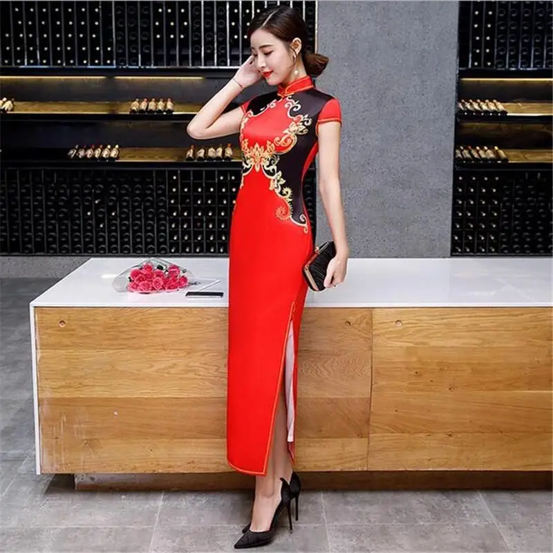 Королевский синий китайский женский современный Qipao платье Мандарин воротник сексуальный Cheongsam с цветочным принтом с коротким рукавом деловая Платья для вечеринок - Цвет: Red