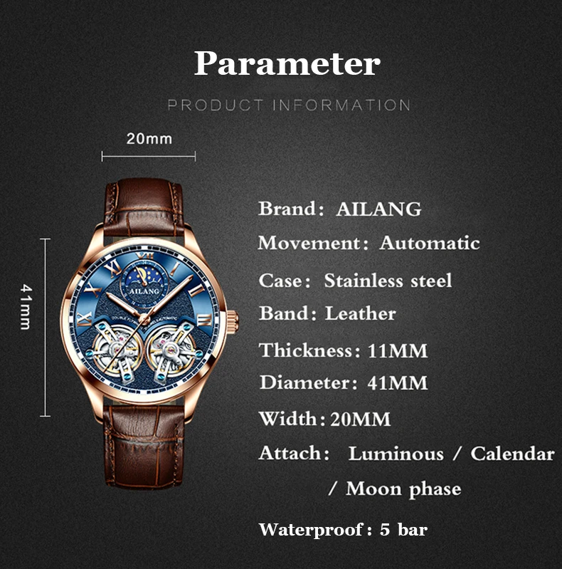 AILANG Original Design men's Double Flywheel Automatic Mechanical Watch Fashion Leisure Business Luxury Clock