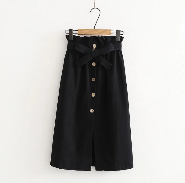 Корейская мода Лето Paperbag юбка женская однобортная Высокая талия юбка нижняя часть спереди вырез сексуальная уличная Faldas Saia - Цвет: black