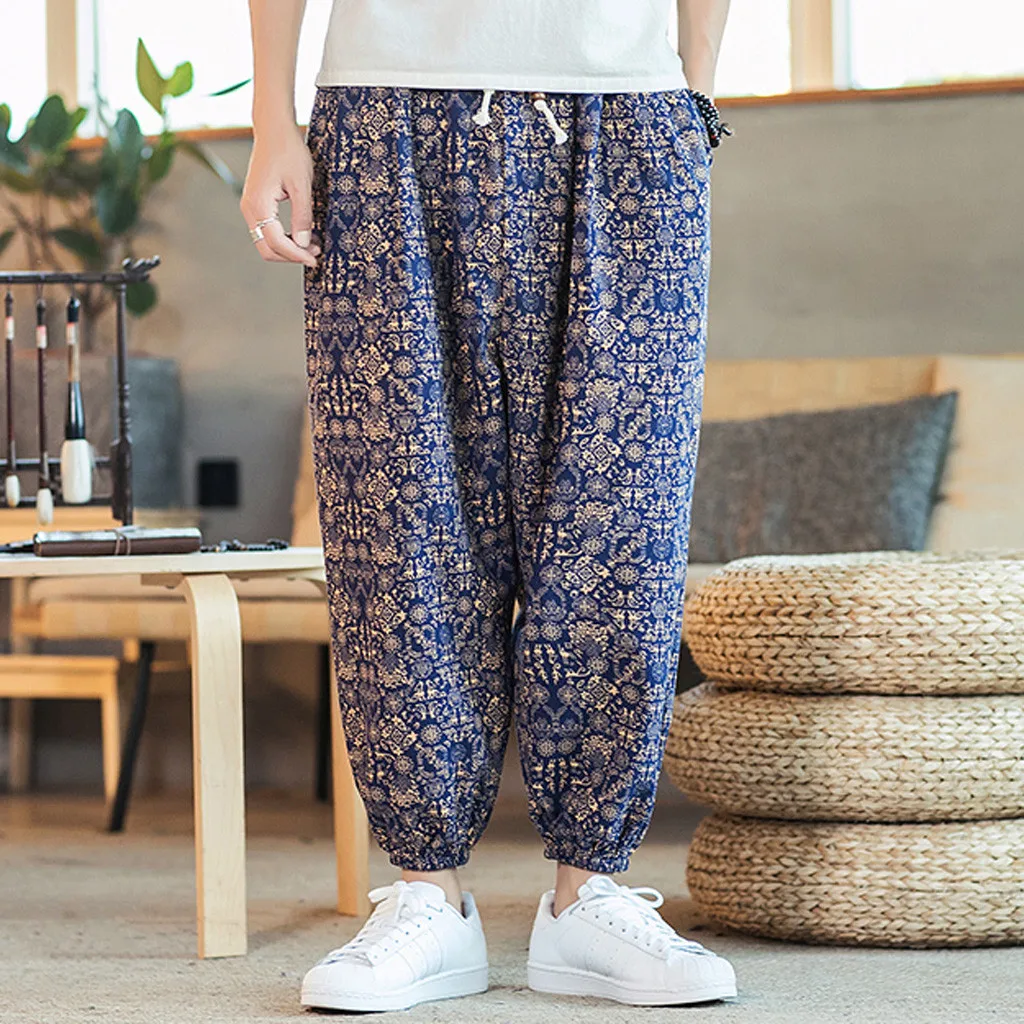 Trousers Men's Casual Vintage Style Loose Cotton Linen Printing Patchwork Lantern Pant Mens Pants Fashions Men Joggers Pants