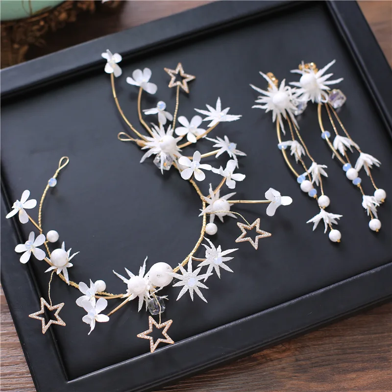 

Sweet Korean Style Bride Handmade Silk Yarn Snowflake Headdress Five-pointed Star Hair Accessories Flower Hair Band Earrings Two