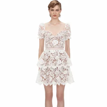 

Runway Bohemian Retro Water Soluble Flower Hollow Sexy V-Neck Cake Mini Dress Spring And Summer New Women'S High Quality