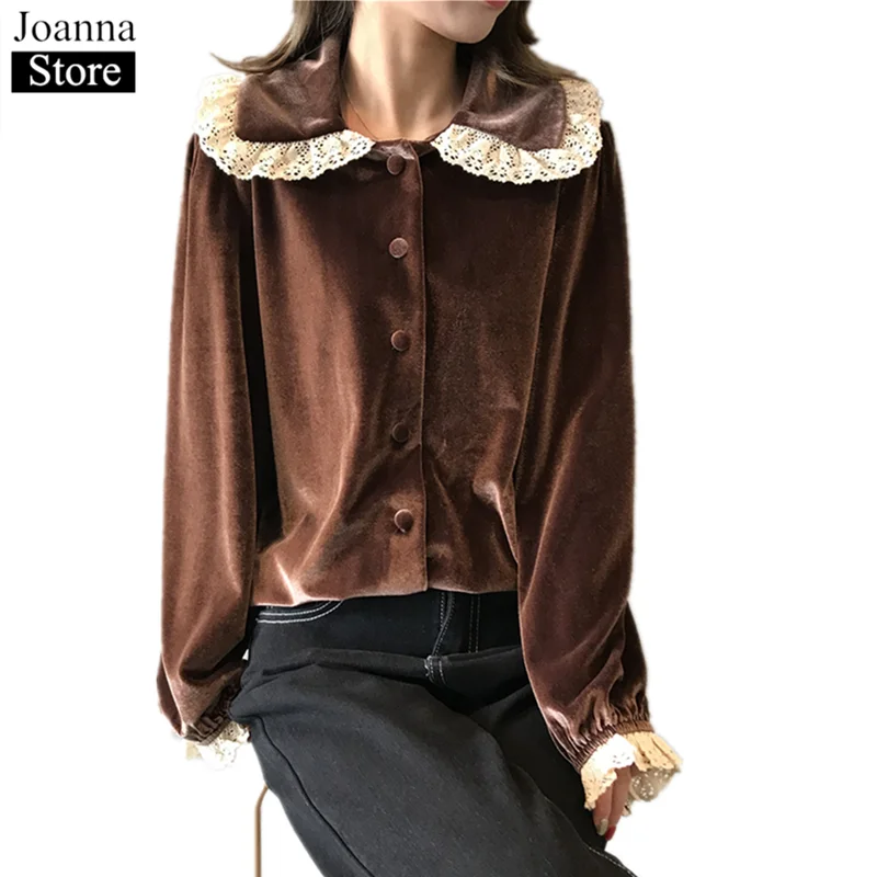 spring-new-velvet-lace-stitching-short-shirts-women-lantern-sleeve-single-breasted-doll-collar-vintage-blouses-plus-size-clothes