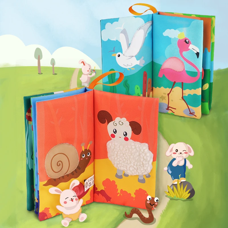 TUMAMA KIDS Baby Cloth Books Early Learning Educational Toys with Animals Skin Soft Cloth Development Books Rattles Hanging toys