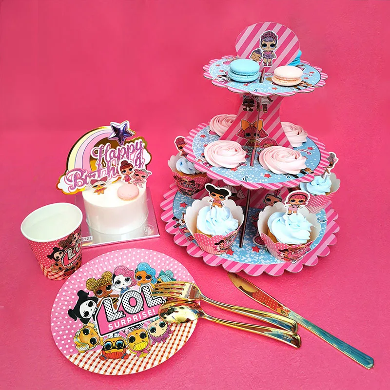 LOL Surprise-suministros de decoración para fiesta de cumpleaños, vajilla desechable, taza, plato, cuchara, soporte para pastel, Pinata