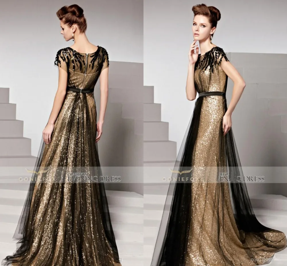 

2019 Sexy Sequin Gold Evening Dresses Tulle Crystal Long Prom Dress Formal Gowns CH-211