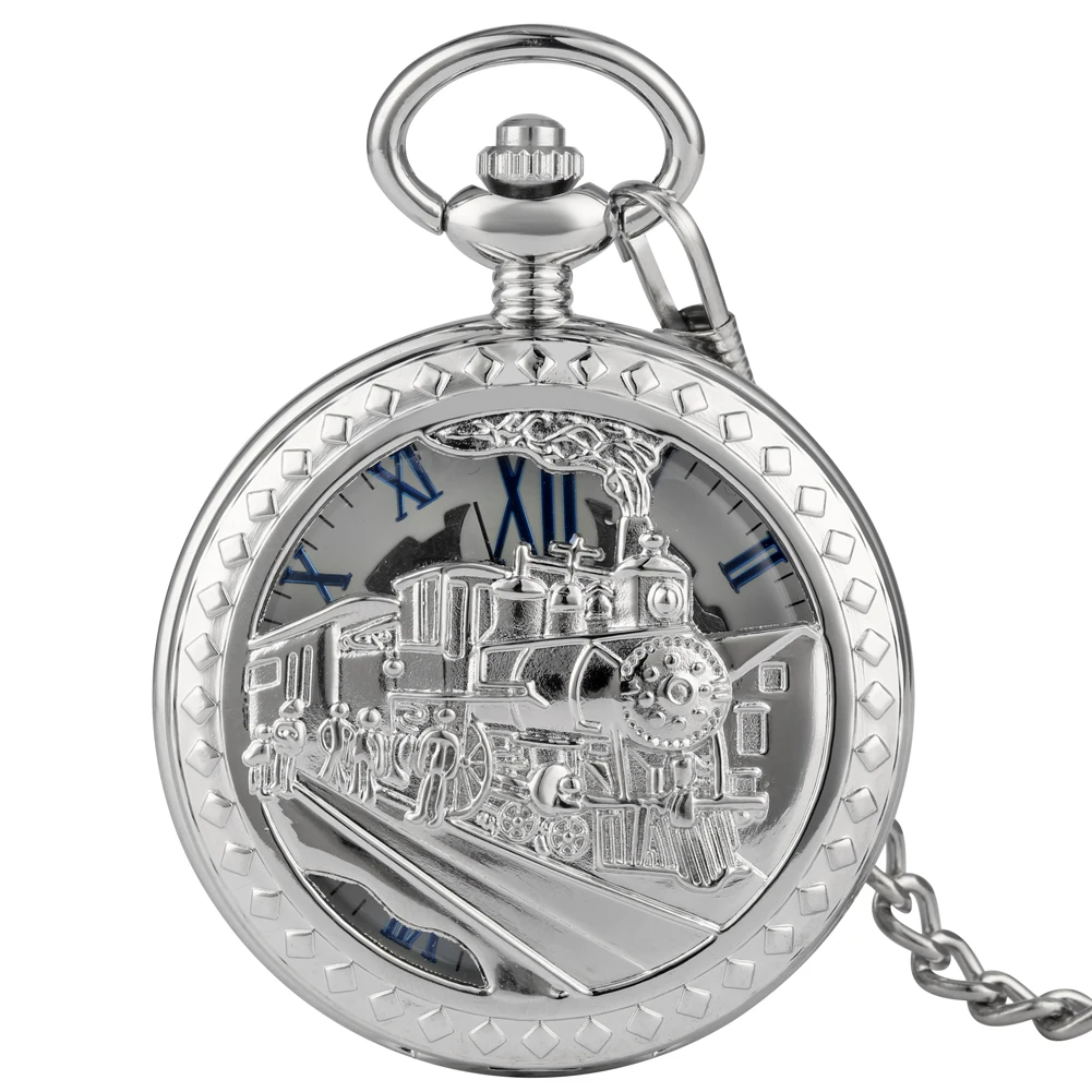 Уникальный Серебряный чехол для парового поезда карманные часы тонкий циферблат Прочный Сплав ожерелье грубая цепочка аксессуар кулон часы