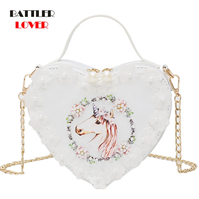 New Heart Shape Bag White Swan Embroidery Handbag Japan Lolita Flowers Purse Mini Shopping Bag Womens Leather Chain Shoulder Bag