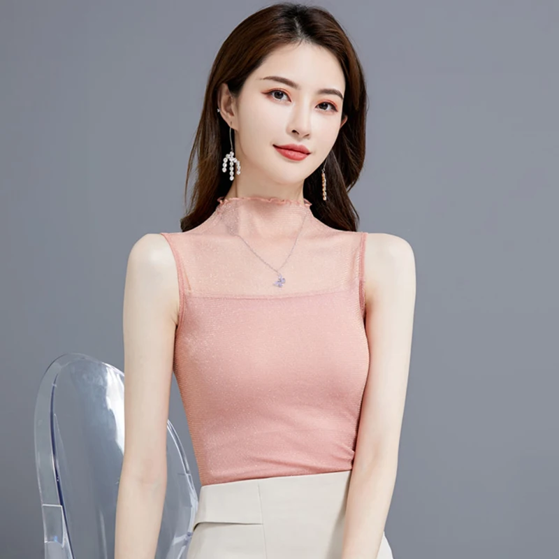 Shiny Lurex Lace Transparent Mesh Casual Summer Women Tank