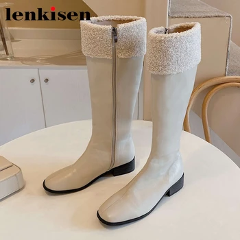 

Lenkisen new arrival split leather square toe med heel snow boots winter keep warm fashion elegant casual knee-high boots L31