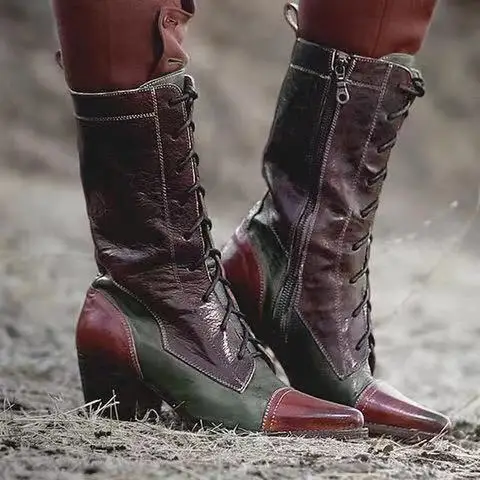 Dropship Lace-up Genuine Leather High Boots For Women Pointed Toe Spring Autumn Ladies Shoes Woman Matching Bohemia Booties