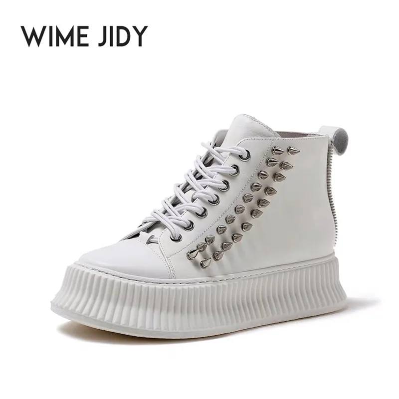 

Delivr High Top Women Casual Shoes Flats Vulcanized Shoes Ladies Gray Rivet Genuine Leather Thick Sole Increasing Female Shoes