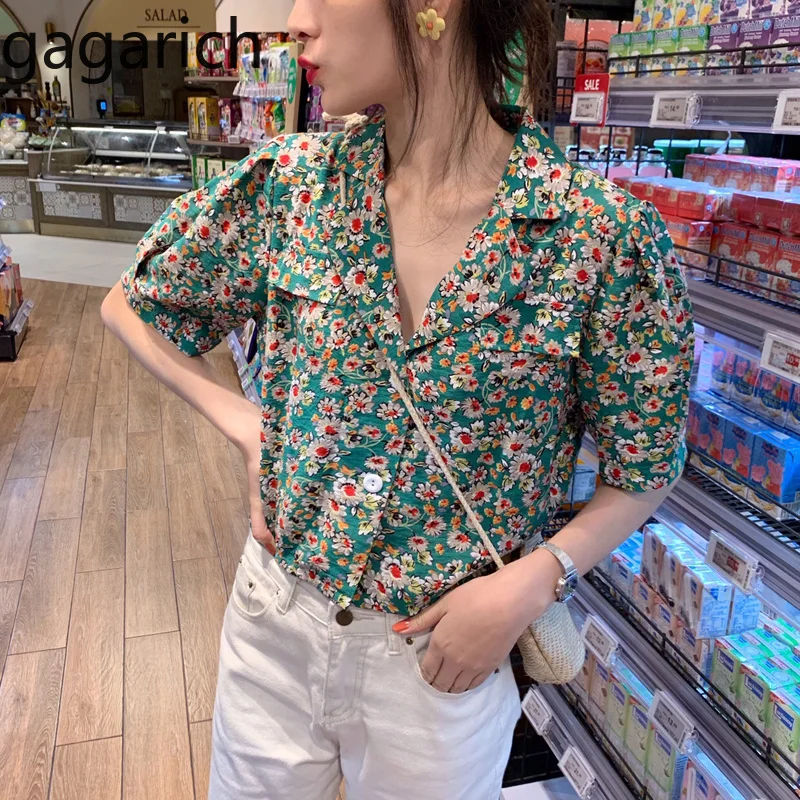 

Gagarich Women Floral Blouse 2020 Summer Notched Collar Puff Short Sleeve Button Tops Lady Korean Vintage Beach Holiday Shirts