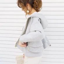 Женская Осенняя толстовка с капюшоном, корейская мода, повседневные простые толстовки на молнии, пуловеры, свободные, Falbala, толстое короткое пальто, верхняя одежда черного цвета