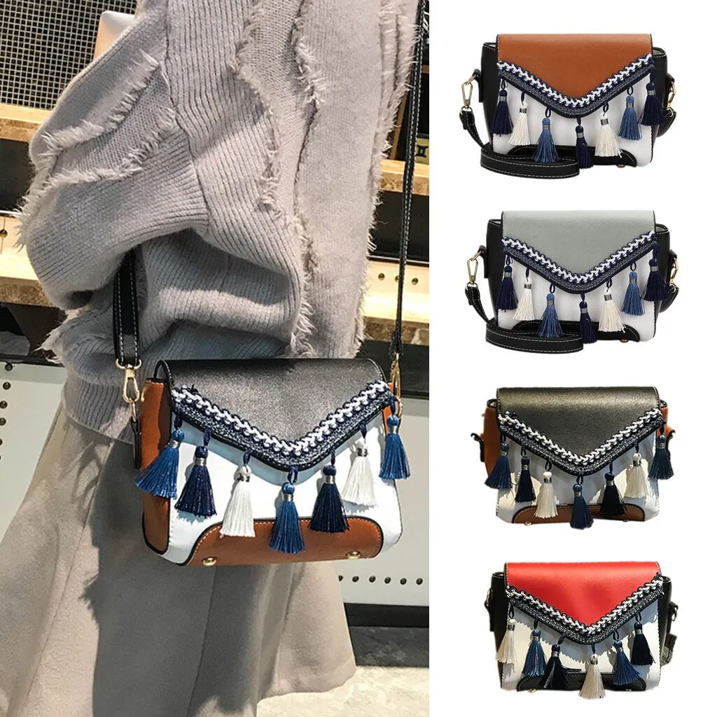 Vintage Women Weaving Tassel Shoulder Bag Messenger Bag Crossbody Bag Beach Bag Ethnic tassel shoulder Fashion messenger bag1104