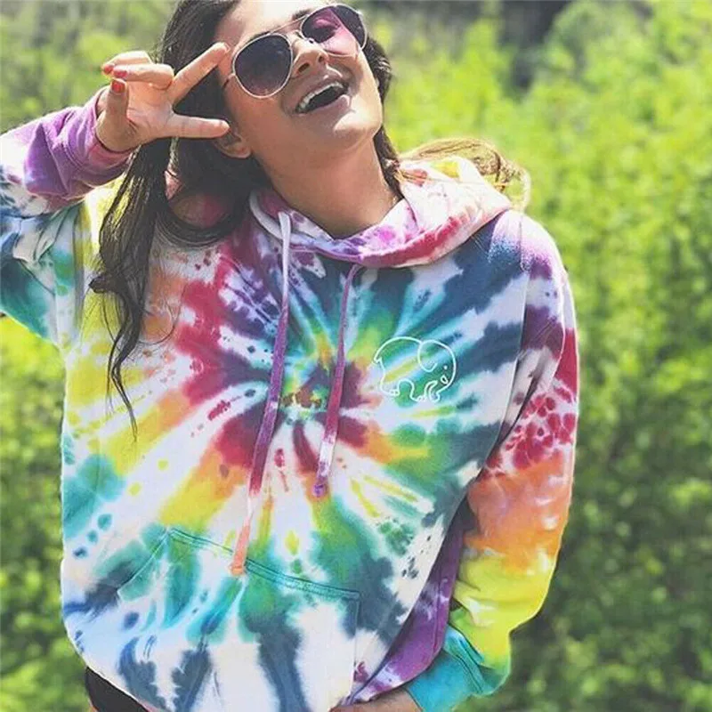 

2020 Women Multicolor Casual Hoodies Drawstring Hooded Sweatshirt Autumn Tie Dye Long Sleeve Hoodies Pullover Tops plus size