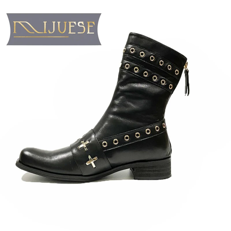 

MLJUESE 2021 women Cow leather zippers Metal Decoration boots winter short plush square toe low heel women boots