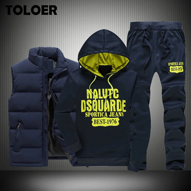 Tracksuit Men 3piece-Set Pants Sportswear Sweatshirts Hooded-Vest Winter Homme Male Size-5xl-Thick