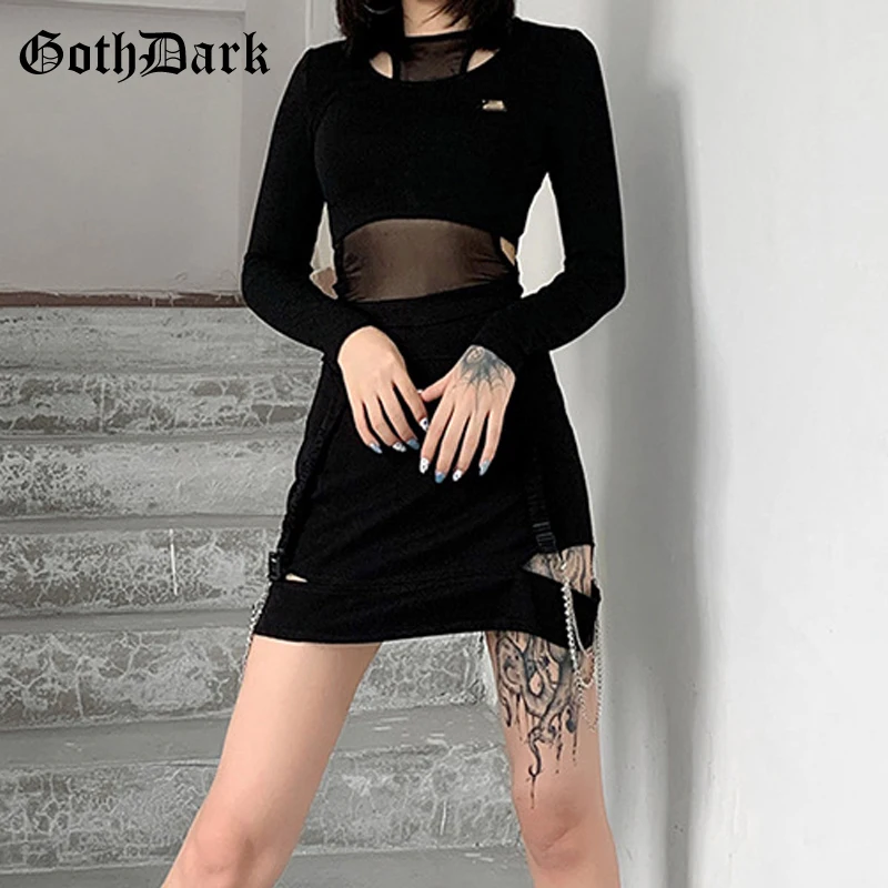 

Goth Dark Grunge Mesh Patchwork Black T-shirts Gothic Bodycon See Through Hollow Out Tees Autumn Long Sleeve O-neck Women Tops