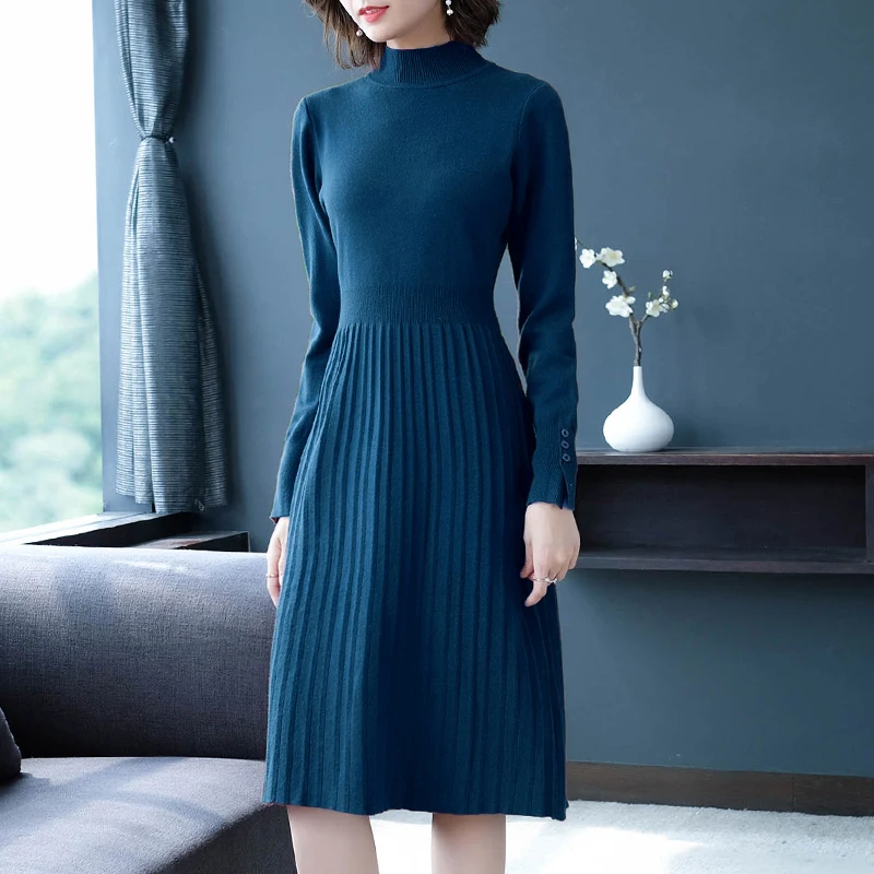 

Fit And Flare Winter Elegant Sweater Dresses Girls Full Sleeve Half Turtleneck Knitted Stretchy Soft Solid Midi Dress For Girls