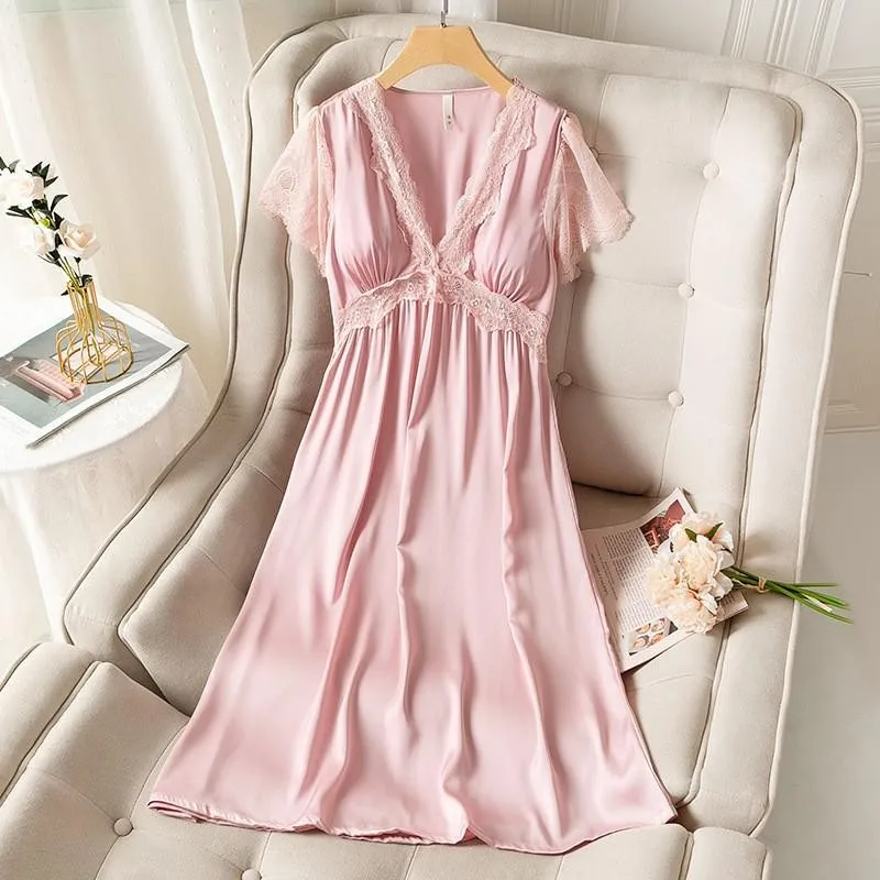 Lace V-neck Nightdress Women Satin Nightgown Sleep Dress Summer Sleepwear Short Sleeve Nightwear Home Dressing Gown Nighty Robe