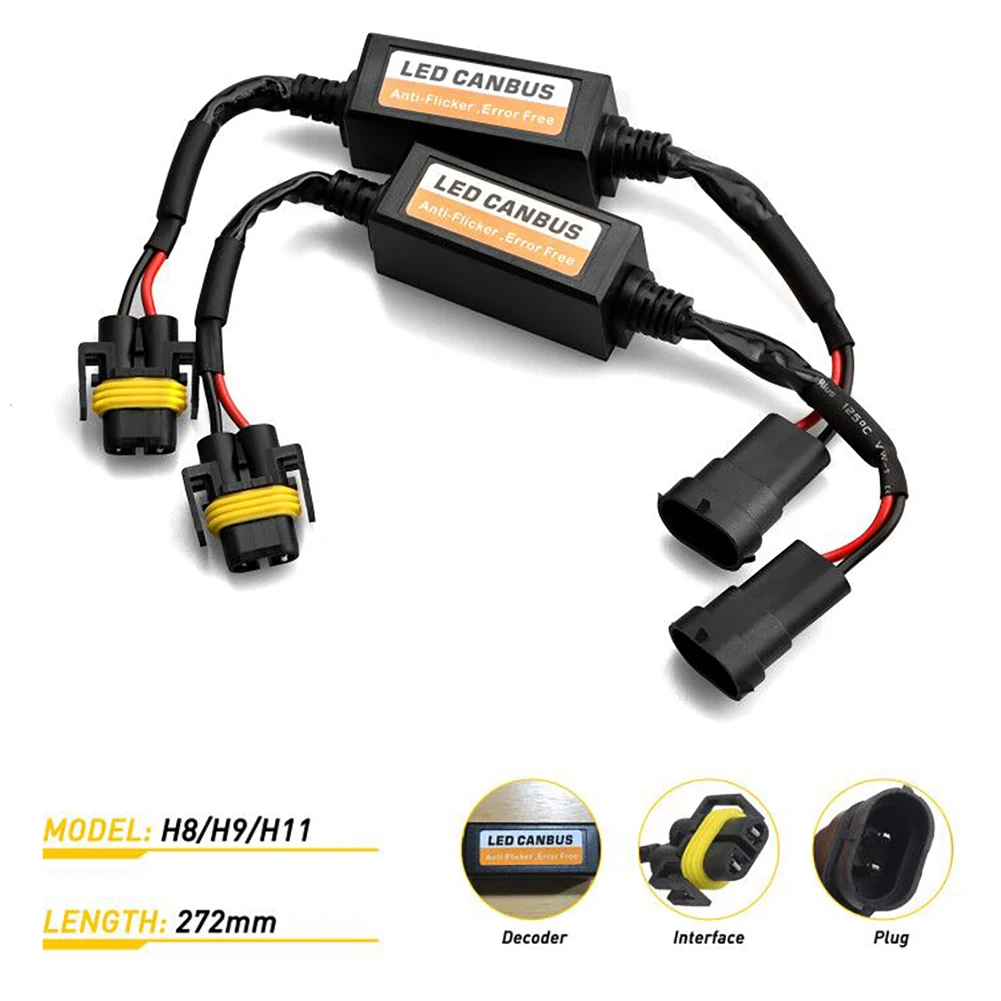 2pcs H8/H11 LED Headlight Decoder Adapter Canbus Anti-Flicker Harness Bulbs Resistor Decoder Warning Error Canceller