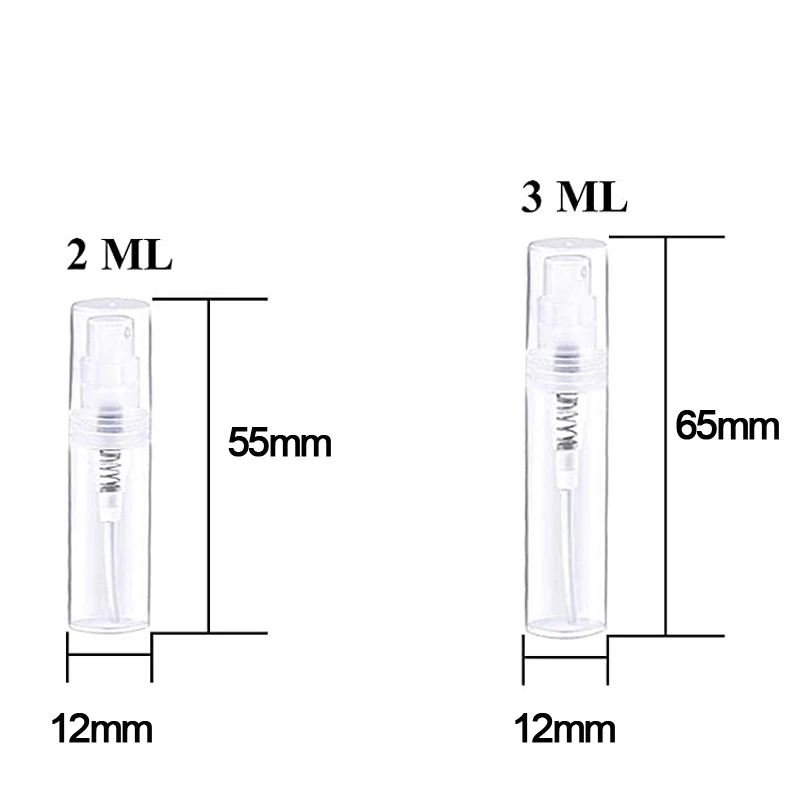 200Pcs 투명 작은 플라스틱 스프레이 병 2ML 3ML 미니 리필 되나요 에센셜 오일 유리 병 빈 화장품 용기