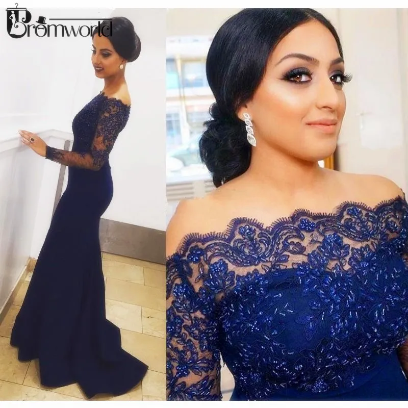 Elegant Navy Blue Evening Dresses Off the Shoulder Appliques Lace Beading Long Sleeves Mermaid Satin vestidos Gown | Свадьбы и
