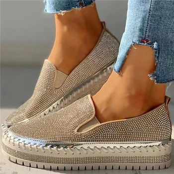 

Puimentiua Women Plimsolls Summer Sexy Ladies Pu Leather Sandals Female Mujer Fashion Rhinestone Zapatillas Loafer Lazy Shoes 39