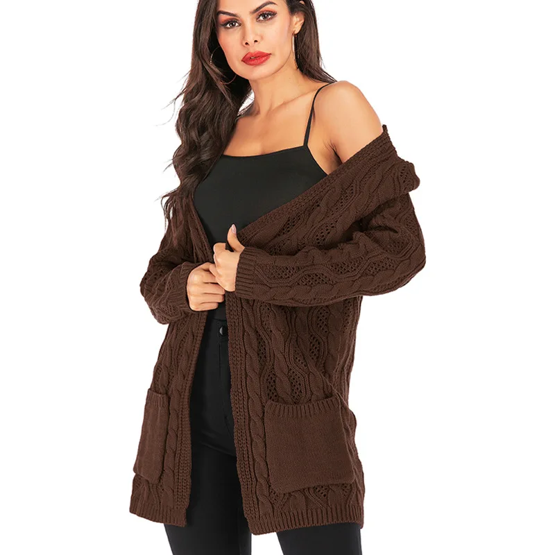 

2019 medium-length knitted Women's sweater jacket with large autumn and winter.